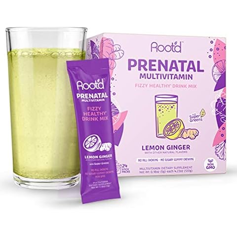 Rootd - Powder Prenatal Vitamin - Pregnancy Multivitamin with 25 Vitamins & Minerals A, C, D, E, B12, B6, K, Iron, Folate, Probiotics, Organic Super Greens | Lemon Ginger | 24 Effervescent Stick Packs Cover