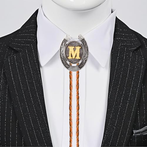 Image of Vintage Western Cowboy Monogram Initial Letter Bolo Tie for Men | Premium brown braided leather, adjustable sliding clasp, anti-tarnish alloy pendant, versatile A-Z western bolo tie