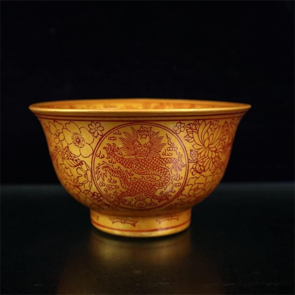 2pc Exquisite Characteristic Golden Auspicious Dragon and Flowers Longevity Designs Porcelain Bowl