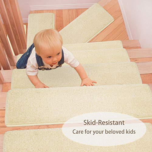Bullnose Carpet Stair Treads Set Tape Free Non-Slip Indoor Stair Protectors Pet Friendly Rugs Covers Soft Skid Resistant Washable Reusable 9.5" X 30"X1.2" (2 Pieces, Light Beige) #TOP2