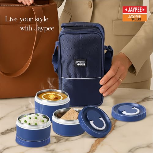 Image of Jaypee Plus Snackpac Airtight Leakproof Container 1300 ml Lunch Box with Bag for School, Office, Ideal for Snacks and Meal, Keeps Food Hot & Fresh Inner Stainless Steel Easy to Carry Handle, Blue