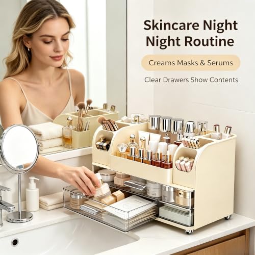 Image of Vanity Countertop Organizer with Multi‑Compartment Drawers & Brush Slot,Bathroom Desktop Storage Caddy, Multi‑Purpose Dresser Top Storage Unit for Toiletries & Personal Care Essentials (Cream)