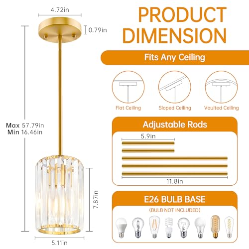 Esfos Gold Pendant Light, Modern Crystal Pendant Lights Kitchen Island, Kitchen Island Lighting with Adjustable Height, UL Certified Island Lights for Kitchen Dining Room Bedroom Hallway 1 Pack, E26 - image 4