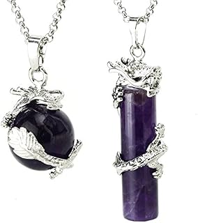 BEADNOVA 2pcs Dragon Wrapped Round Ball Cylinder Natural Amethyst Gemstone Necklace Healing Couple