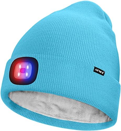 ATNKE Unisex LED Lighted Beanie Hat,USB Rechargeable 4 LED Red and Blue Glow Flashing Running Headlamp Ultra Bright Cap with Head Torch Winter Warm Lined Fleece Gifts for Men and Women
