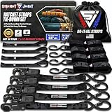 Ratchet Tie Down Straps (4 Pack) - 1,823lb Max Break Strength incl. (4) Heavy Duty 1' x 15' Rachet Tie Downs with Hooks & Handles Best for Moving Securing Cargo by Straight Jacket Crew (Black Camo)