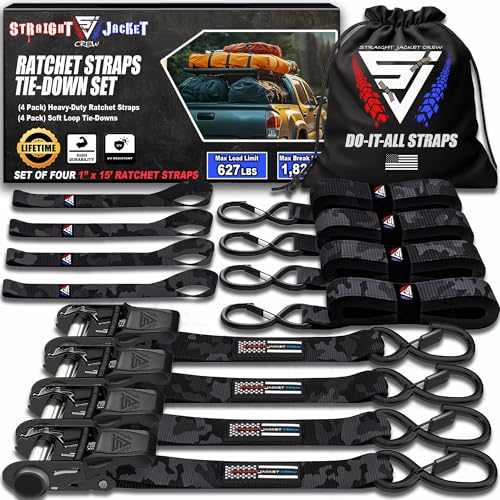 Ratchet Tie Down Straps (4 Pack) - 1,823lb Max Break Strength incl. (4) Heavy Duty 1" x 15' Rachet Tie Downs with Hooks & Handles Best for Moving Securing Cargo by Straight Jacket Crew (Black Camo)