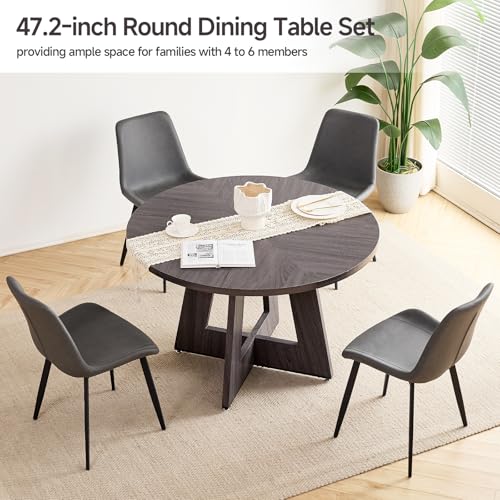 Image of 47 inch Round Dining Table Set for 4, Kitchen Table and Chairs | Wooden Cross Base, Synthetic Leather Chair, for Apartment