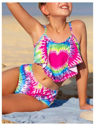 Girl's Tankini Swimsuit Heart Print Asymmetrical Hem Bathing Suit 2 Piece Cute Swimwear Set4