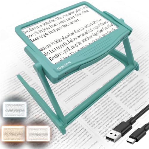 Image of MAGNIPROS 5X Rechargeable LED Page Magnifier with Detachable Stand, Hands-Free Lighted Magnifier with 3 Color Modes, Anti-Glare Lens for Reading Small Print, Low Vision, Seniors, Crafts