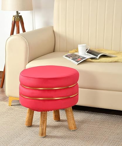 Image of Living Room Round Wooden Velvet Ottoman with Footrest and Linen Fabric Padded Seat Pouffe Ottoman with Round Shape and Office Stool- Pink