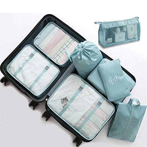 Image of Travel Packing Cubes, Toifucos Multifunction 8pcs /set Luggage Organiser Compression Suitcase Essential Bag, Blue