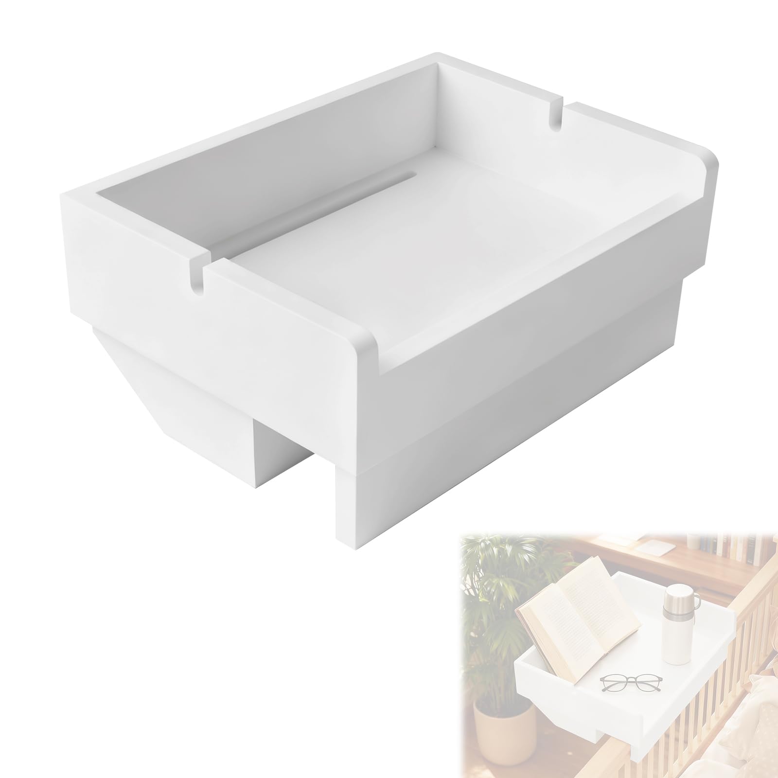 EXLECO Table de Chevet Suspendue en Bambou, Étagère Murale Blanche sans Percage, Plateau de Lit pour Mezzanine, Support Tablette Lit pour Dortoir Universitaire, avec Fente pour Câbles