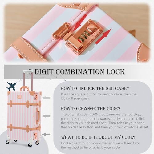 Image of UNIWALKER Vintage Luggage Set of 3, Retro Spinner Trunk with Combo Lock for Women, Cute Designer Travel Suitcase Set with Train Case, 26 inch+20 inch+12 inch, Pink Strip