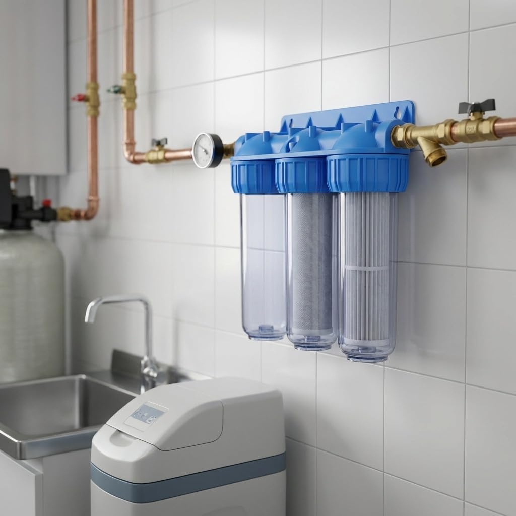 Suinga Pack 2 Vaso Doppio Contenitore per Filtros 10" + 2 Filtro Fibra 5 Micron | Sedimenti | Connessione Rinforzata in Ottone | Purificazione Acqua