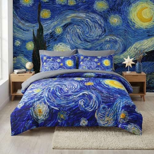 Pamnest Comforter Set Queen Size, Moon Starry Night 7 Pcs Bedding for Kids and Adults, Blue Modern Star Sky Art Bed Sheet Sets with Fitted Sheet 2 Pillowcase & 2 Sham for Bedroom Bed Decor