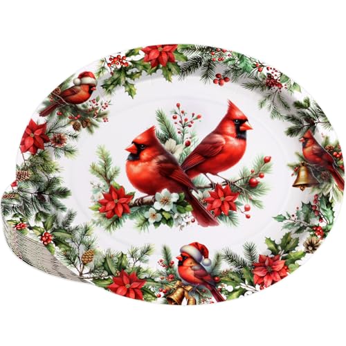 Treasure Cove Christmas Paper Plates Disposable Cardinal Oval Paper Plates Cardinal Bird Tableware Decorative for Xmas Holiday Dinner Party Supplies 24Pcs 10'' x 12''