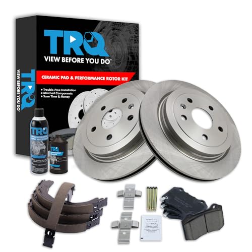 Image of TRQ Rear Brake Pad & Rotor Kit, with Chemical Kit Parking Brake Shoe Set Ceramic Compatible with 2009-2014 Cadillac CTS