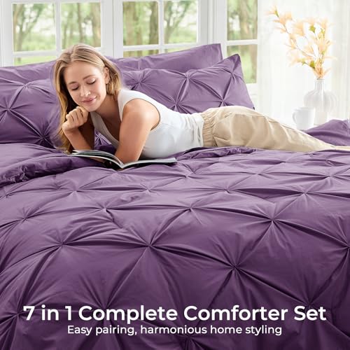 Image of Sasttie Queen Comforter Set, 7-Piece Bed in a Bag, Pintuck Bedding Sets for All Season, Includes Comforter, Flat Sheet, Fitted Sheet, Pillowcases and Pillowshams, Grape Purple