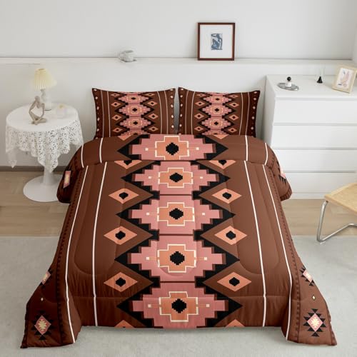 Image of Feelyou Boho Aztec Comforter Set All Season West Bedding Set with 1 Pillow Cases Brown Pink Microfiber Kids Twin Bedclothes Western Bedroom Decor Duvet Quilt Breathable Soft Lightweight