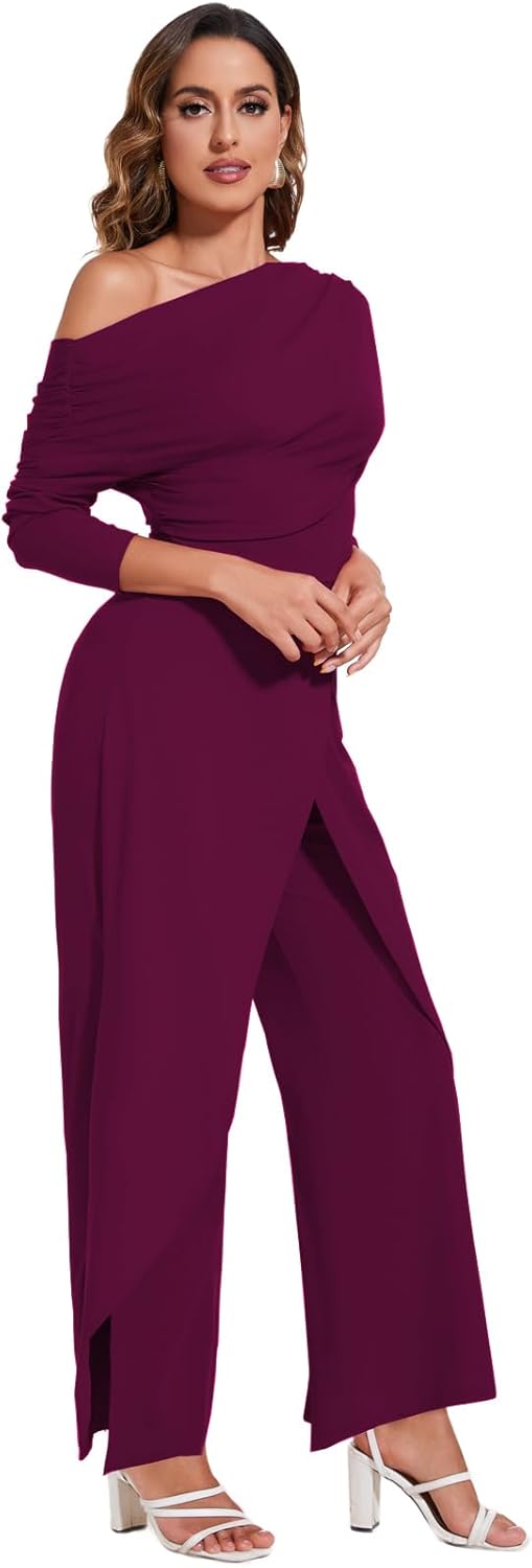 PaladMom Women's Casual Fall Elegant One Shoulder Long Sleeves Dressy for Work Wide Leg Pants Clubwear Party Jumpsuits - Image 8