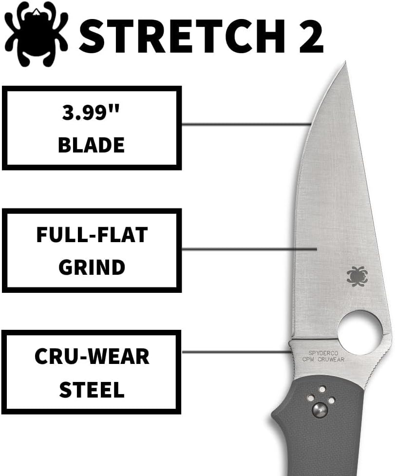 Spyderco Stretch 2 XL Folding Pocket Knife with 3" CPM Cru-Wear Steel Blade and G-10 Handle - EDC Knife for Men and Women, Perfect for Hunting, Tactical, Camping, Survival - PlainEdge - C258GPGYCW