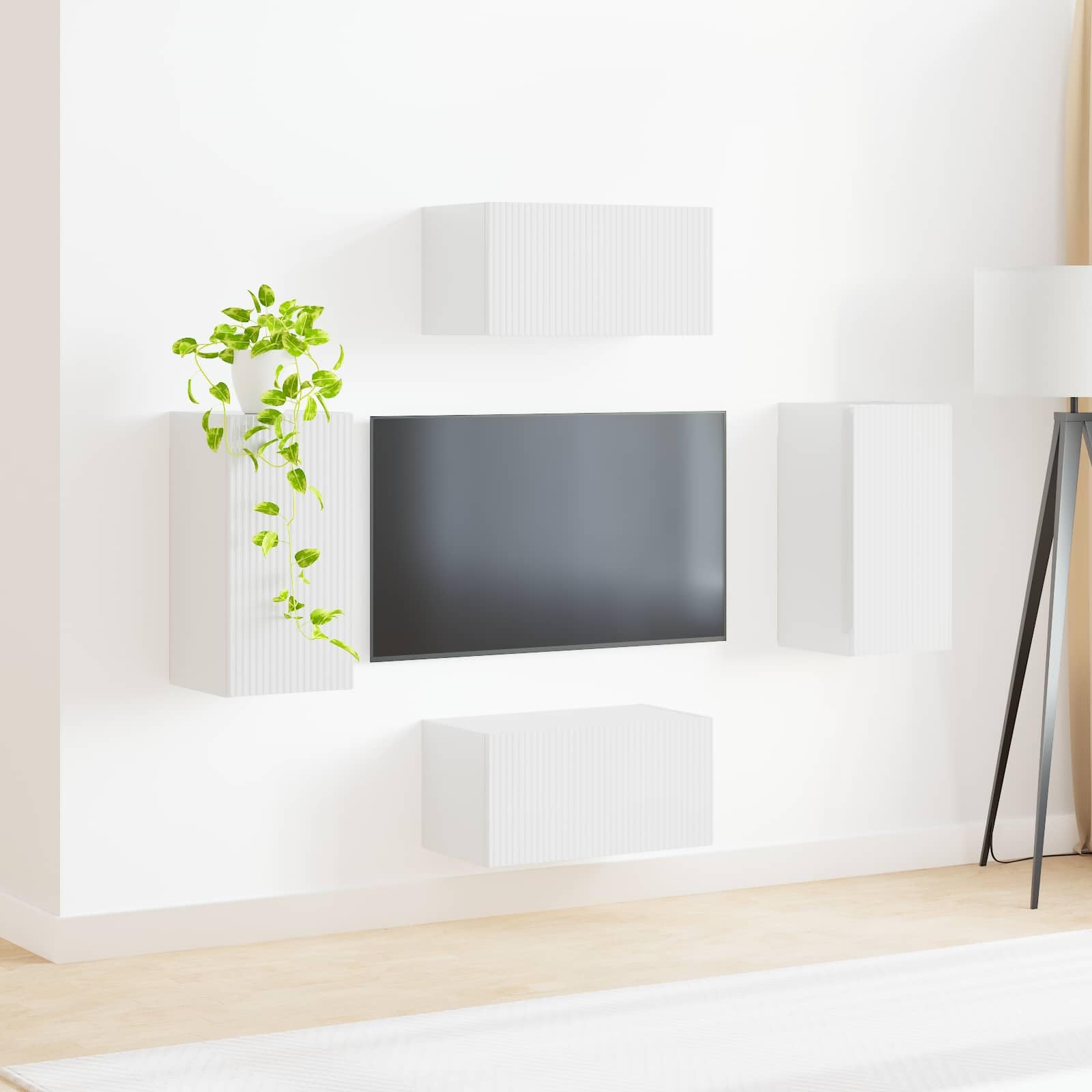 TV-Schrankset 4-TLG, Wohnwand in Hochglanz Weiß, modernes TV-Board und Wandregal Set aus Holzwerkstoff für Wohnzimmer, funktionales Media-Center zur Aufbewahrung