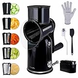 SLEEKDR 5 in 1 Rotary Cheese Grater Vegetable Slicer with Handle - Upgraded Hand Crank Cheese Grater with Handle and Strong Suction Base, Multi-Purpose Slicer with 5 Well-Designed Blades (Black)