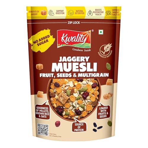 Image of Kwality Muesli Jaggery, Fruits, Seeds & Crunch 400g | Goodness Millets Brown Rice & Oats | 66% Multi Grain Mix Natural Sweetener | High-Fibre, Multigrain Breakfast Cereal with Crunch & Nutrition | Natural sweetner Jaggery