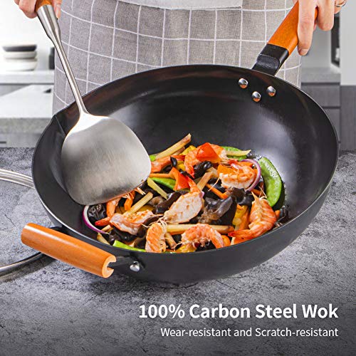 SKY LIGHT Wok Pan with Lid, No Chemical Stir Fry Pan 12.5-inch, 100% Carbon Steel Chinese Iron Pot with Detachable Wooden Handle, Scratch Resistant Flat Bottom for Electric, Induction & Gas Stoves - Thumbnail 5