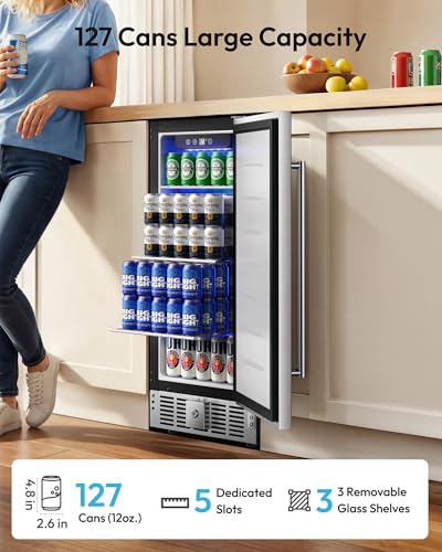 Image of EUHOMY 15 Inch Under Counter Beverage Refrigerator, 127 Can Beverage Fridge with Stainless Steel Door, Beverage Cooler Built-in, Drink Fridge for Soda Beer and Wine