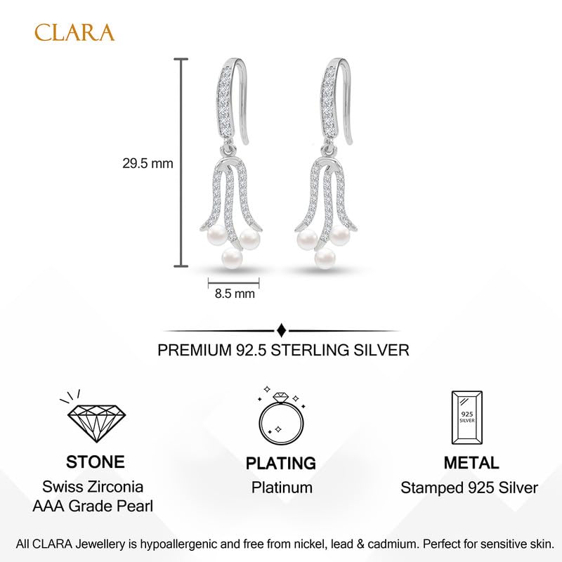 Image of CLARA 925 Sterling Silver Pearl Earrings | Rhodium Plated, Swiss Zirconia, Screw Back | Gift for Women & Girls