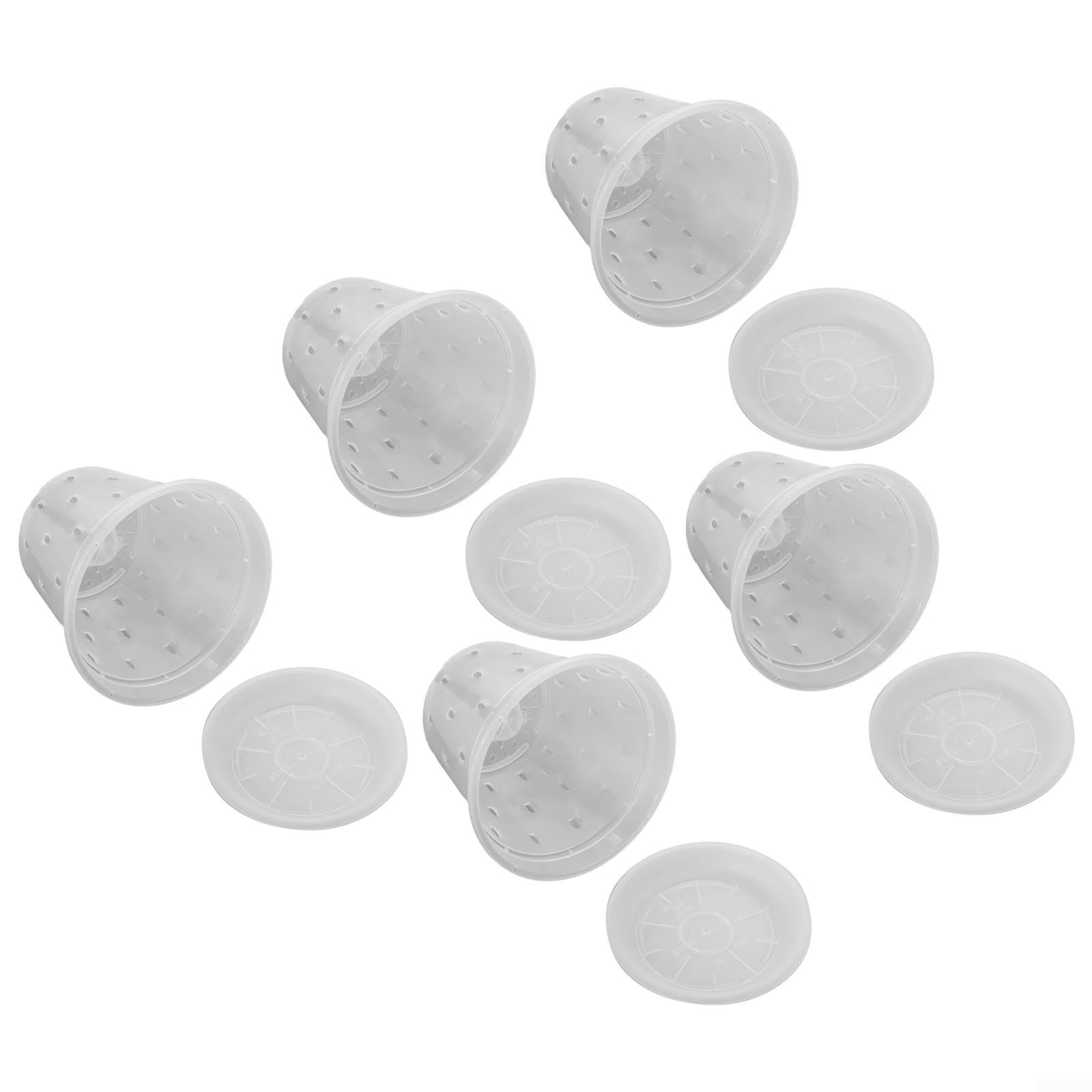 Przezroczyste plastikowe doniczki z otworami i spodkami, białe, 17,2 x 14 cm, opakowanie 10 doniczek ze storczykami