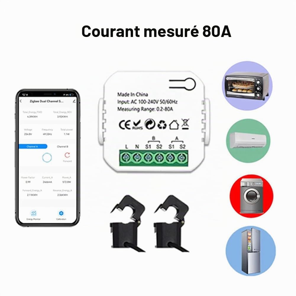 Compteur D'énergie ZigBee 2 Canaux Bidirectionnel avec Capteur de Courant Tuya Smart Moniteur Puissance 80A 110 V/240 V Passerelle Requis