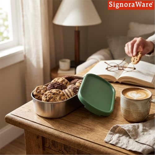 Image of Signoraware Flat Stainless Steel Oval Small Container,(450ml, EGreen), Airtight & Leakproof, Dishwasher safe, Best for School, Office, Picnics & Outdoor Activities, Great for Kids & Adults