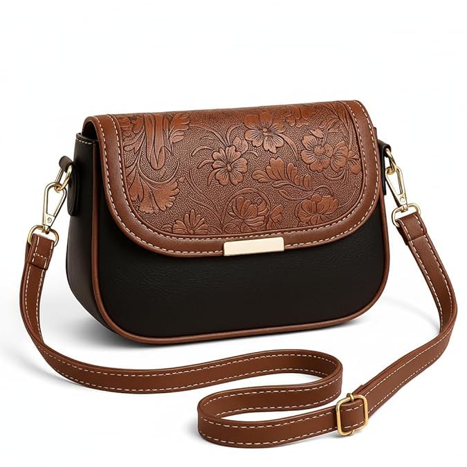 rayver creation Women’s Vintage Floral Embossed Leather Crossbody Bag Shoulder Handbag Adjustable Strap Retro Designer Purse Brown Black-picture-18