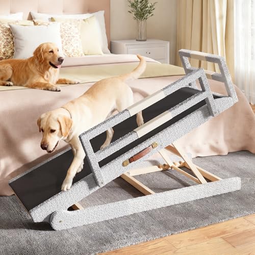 Dog Ramp for High Bed – 55" Extra-Long Wooden Pet Ramp with Soft Plush Fabric Cover & Safety Rails 16”–28”Adjustable Height for Tall Beds, Non-Slip Wide 17.7" Surface – Supports Large Dogs up