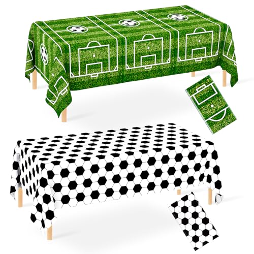 Image of WNINK 2 Pack Plastic Tablecloth - Soccer Party Decorations - Disposable Rectangle Table Cover - Grass Pattern - for Soccer Theme Birthday Party - 54 x 108 Inch