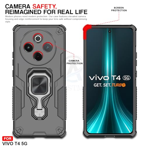 Image of AESTMO Armor Back Cover for Vivo T4 5G / iQOO Z10 5G | Ring Holder & Kickstand & Camera Protection in-Built | 360 Degree Protection Back Case Cover (Black)