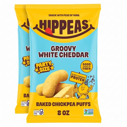 HIPPEAS Chickpea Puffs, Groovy White Cheddar, Gluten Free Snacks, Dairy Free, Vegan, 8oz Bag, 3g Protein, 2g Fiber, Crunchy, Nutritious, Baked Plant Protein Snack, Non-GMO, Kosher (Pack of 2)