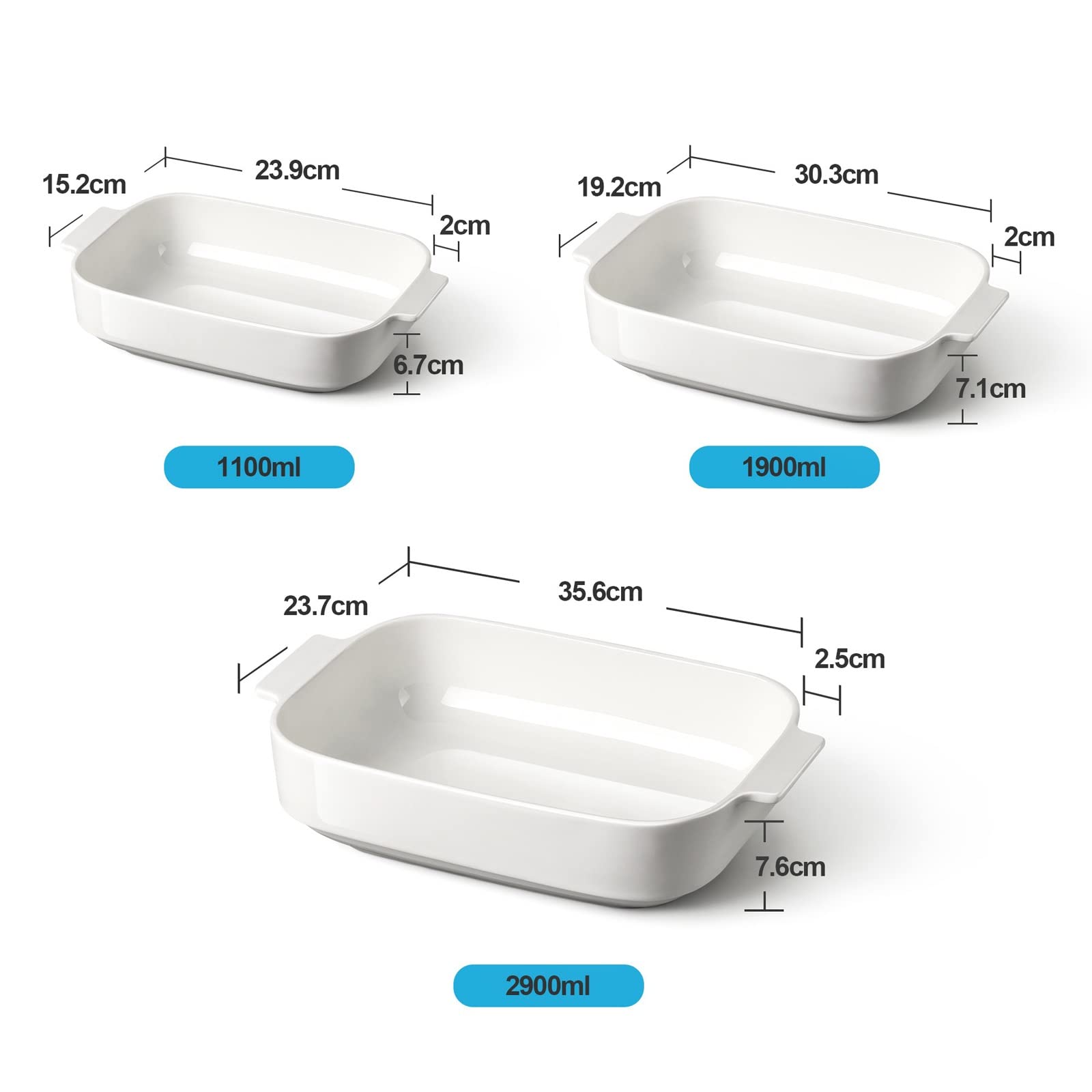 Formy do zapiekanek, biała patelnia do pieczenia, prostokątna, zestaw 3 misek do pieczenia z porcelanowymi uchwytami, idealna do lasagne, tiramisu i zapiekanek (B)