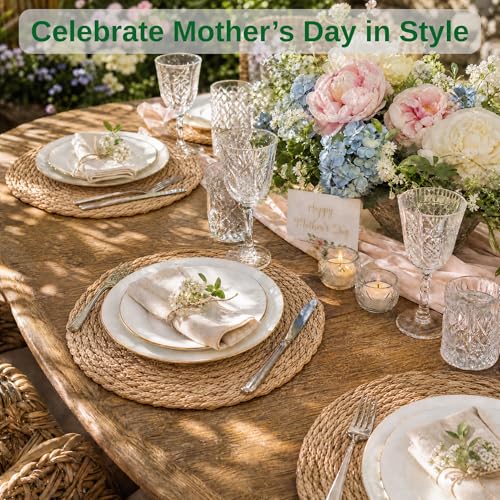 Image of Round Woven Placemats Set of 6, 13.5'' Boho Rattan Chargers for Dinner Plates, Rustic Wicker Place Mats, Straw Braided Table Placemats, for Dining Table Decor, Wedding, Farmhouse and Home Decor