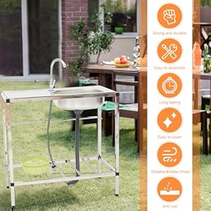 Tandefio Freestanding Outdoor Kitchen Utility Sink Set Stainless Steel Single Bowl Sink Commercial Restaurant Utility Portable Sink for Restaurant Cafe Bar Hotel Garage Laundry Room(Classic) Tandefio Freestanding Outdoor Kitchen Utility Sink Set Stainless Steel Single Bowl Sink Commercial Restaurant Utility Portable Sink for Restaurant Cafe Bar Hotel Garage Laundry RoomClassic