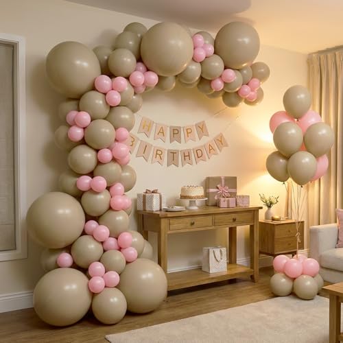 Image of RUBFAC 135pcs Vanilla Brown Balloons, Latex Light Brown Balloon Different Sizes 18 12 10 5 Inch for Garland Arch Wedding Baby Shower Birthday Party Decorations