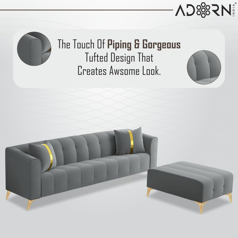 Image of Adorn India Premium Mystic - 3 Years Warranty - L Shape 5 Seater Sofa Set Velvet Suede Fabric - Grey