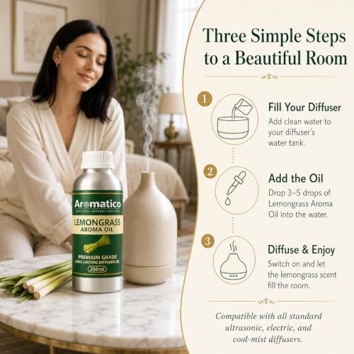 Image of AROMATICO Lemongrass Diffuser Oil for Strong, Long-Lasting Aroma | Light, Citrusy, Stress Relieving Aroma Oil for Home Fragrance & Aromatherapy. Versatile Use in Diffusers, Air Fresheners - 250 ml