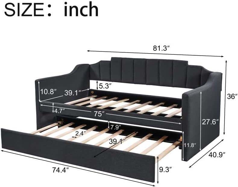 Diagram showing dimensions of the daybed and trundle