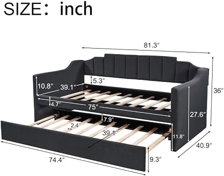 Twin Size Daybed with Trundle, Upholstered Twin Daybed Frame, Tufted Upholstered Design, Black