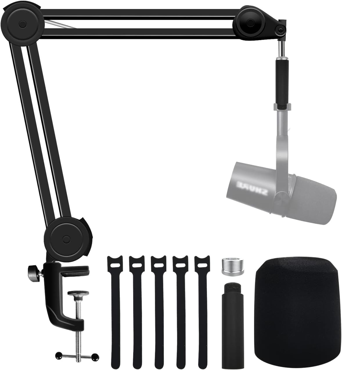 Microphone Boom Arm Stand with Pop Filter for MV7, Heavy Duty Adjustable Suspension Boom Scissor Mic Stand with Mic Foam Windscreen and Extension Tube Compatible with MV7 Microphone