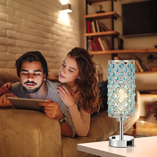 Image of Hong-in Blue Crystal Lamp Touch Control Set of 2, Crystal Table Lamps with USB C+A Ports & AC Outlet, 3-Way Dimmable Nightstand Touch Lamp, Modern Bedside Table Lamp for Bedroom(Bulbs Included)